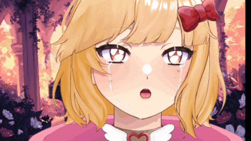 a girl with blonde hair and blue eyes is crying
