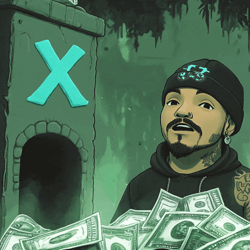 a cartoon of a man holding a pile of money in front of a blue x