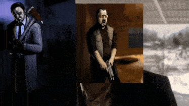 a man in a suit and tie is holding a gun in his hand