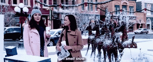 two women are standing in front of a statue of a reindeer in the snow .