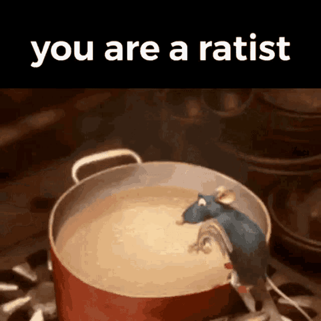 a mouse is sitting in a pot of soup .