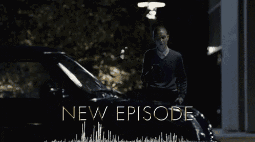 a man standing in front of a car with the words new episode written in gold