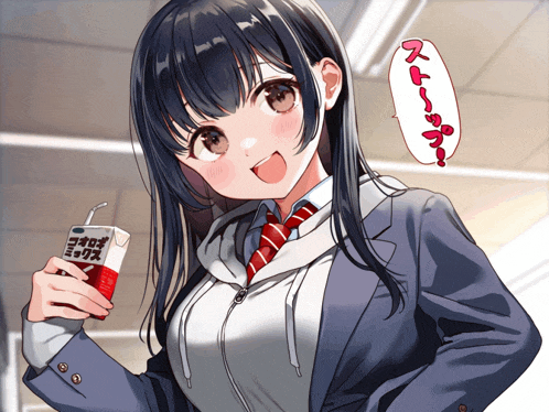 a girl in a suit and tie is holding a box that says ' mixed milk ' on it