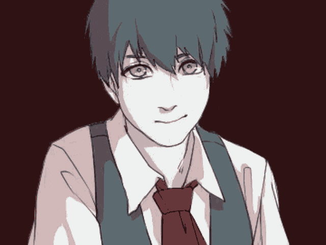 a drawing of a boy with blue hair wearing a red tie