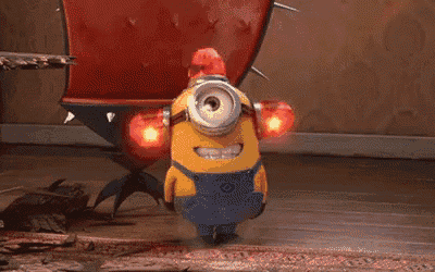 a yellow minion with a fire hydrant on his back is standing on a rug .