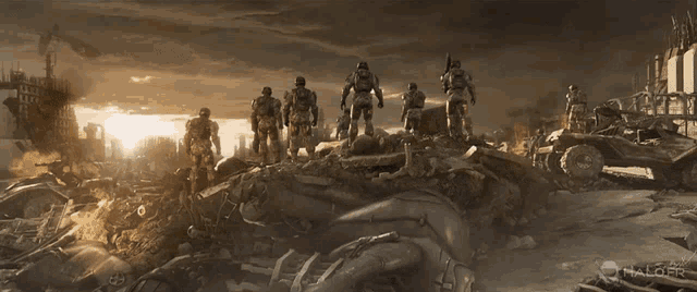 a group of soldiers standing on top of a pile of rubble with halo.fr written in the corner