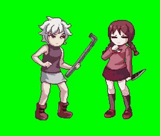 a pixel art of two girls standing next to each other on a green screen . one of the girls is holding a knife .