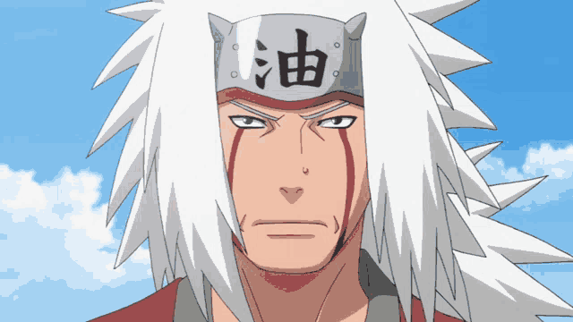 a man with white hair and a headband with chinese characters on it