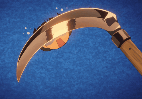 a cartoon character with a surprised look on his face is holding a very large blade