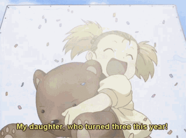 a little girl holding a teddy bear with the words my daughter who turned three this year