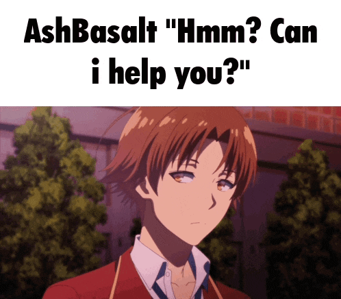a picture of a boy with the words ashbasalt " hmm " can i help you