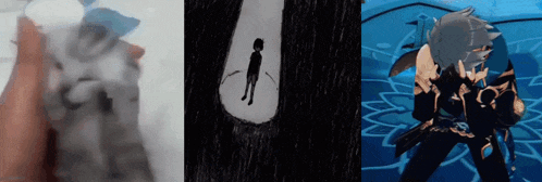 a cat a drawing of a person and a drawing of a person standing in the rain