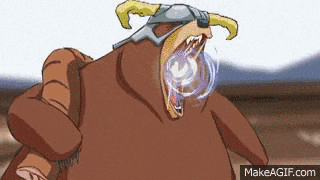 a cartoon of a bear wearing a helmet with horns and a purple bubble coming out of its mouth .