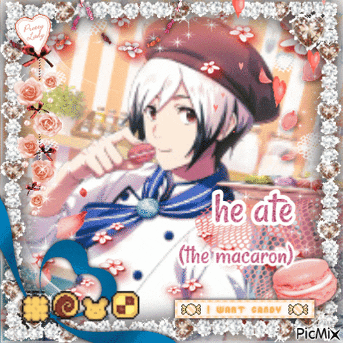 a picture of a boy with the words he ate the macaron