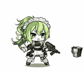 a little girl in a maid costume is holding a gun and a bucket .