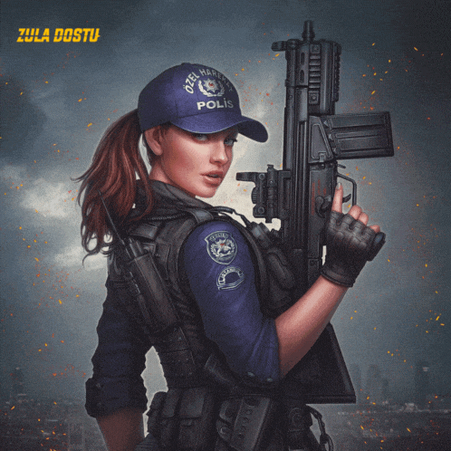 a woman holding a gun and wearing a hat that says polis on it