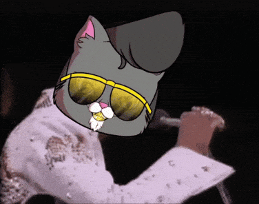 a cartoon cat wearing sunglasses is singing into a microphone in a dark room