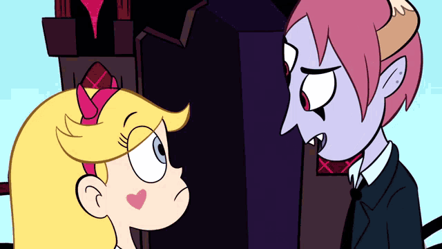 a couple of cartoon characters standing next to each other looking at each other