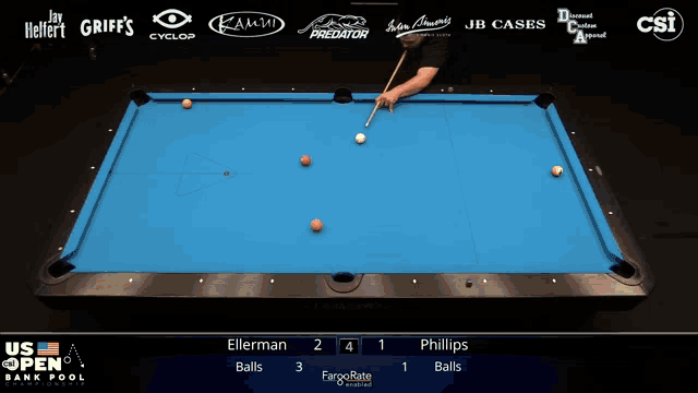 a pool table with the us open bank pool championship on the screen
