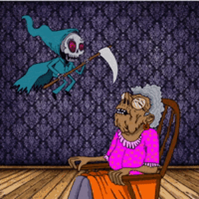 a grim reaper is flying over an elderly woman