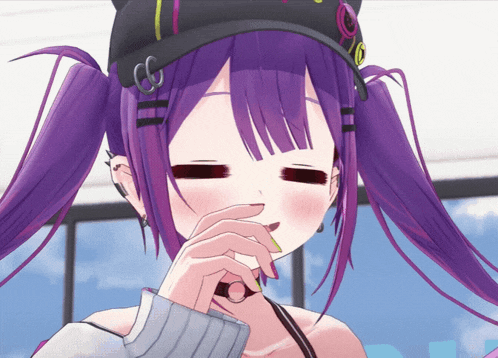 a girl with purple hair is wearing a black hat with the letter g on it