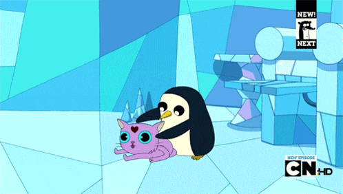 a cartoon of a penguin petting a purple cat with the words new next on the bottom right