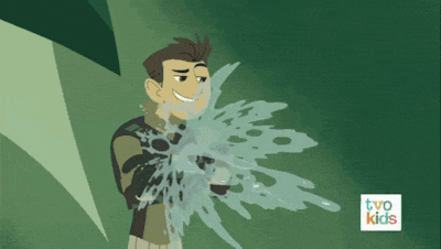 a cartoon of a man spraying water with the words two kids in the corner