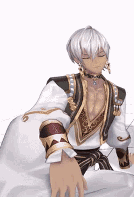 a man with white hair is wearing a white and black outfit