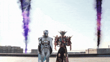a couple of anime characters standing next to each other with smoke coming out of them
