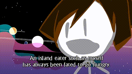 a cartoon character with a quote that says an island eater such as myself has always been fated to go hungry