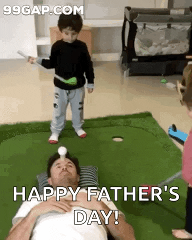 a little boy is throwing a golf ball on top of a man 's head with the caption happy father 's day