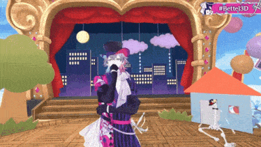 a cartoon character is standing in front of a stage with a sign that says #bette3d