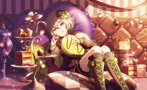 a girl is sitting on a couch eating a chocolate cake