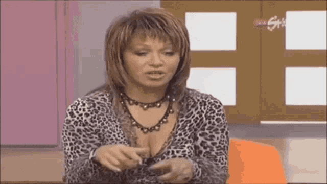 a woman in a leopard print shirt is sitting on a chair and talking on a television show .