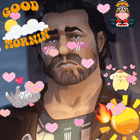 a man with a beard is surrounded by pink hearts and the words good morning