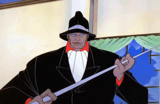 a cartoon of a man in a tuxedo holding a sword