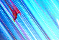 a close up of a person flying through the air on a blue background