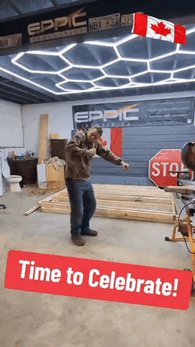 a man is standing in a room with a stop sign and a sign that says time to celebrate