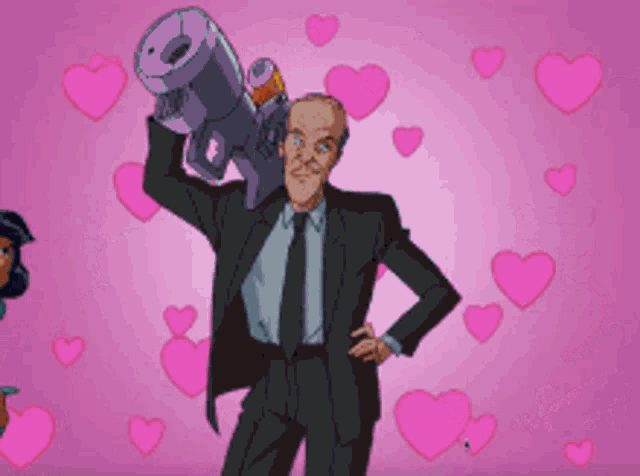 a man in a suit and tie is holding a cannon in front of two women