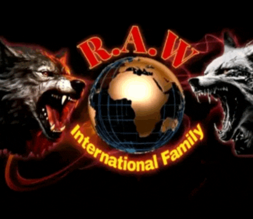 a logo for r.a.w. international family with two wolves and a globe