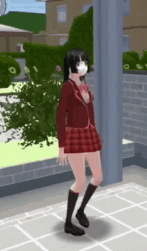 a girl in a red plaid skirt is wearing a mask