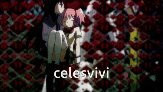 a girl with pink hair is sitting on a man 's lap with the words celesvivi in the corner