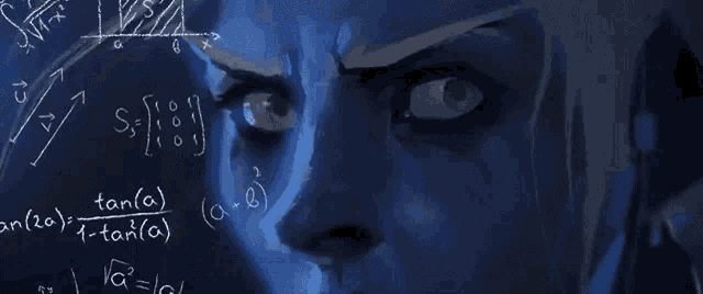a person 's face is behind a chalkboard with mathematical equations written on it