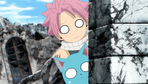 a boy with pink hair is holding a blue cat with white eyes