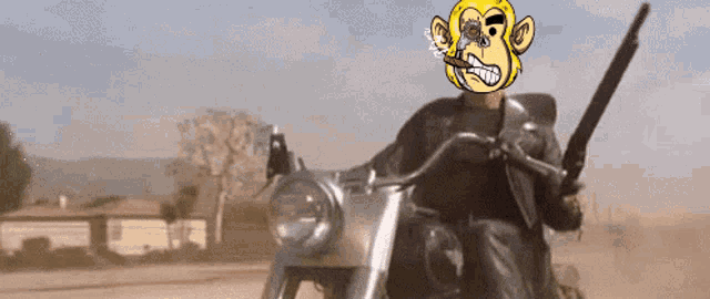 a man riding a motorcycle with a monkey on his face smoking a cigar