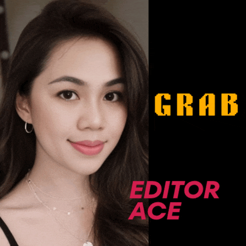 a woman is standing in front of a sign that says " grab editor ace "