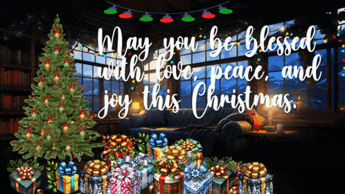 a christmas greeting card with a christmas tree and presents