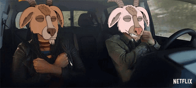 two people wearing goat masks are sitting in a car with netflix written on the bottom