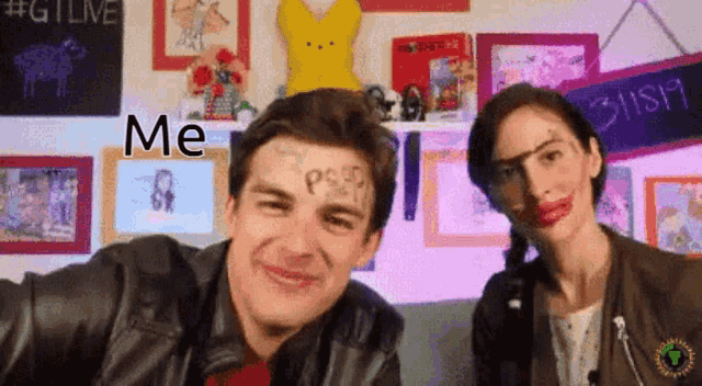 a man and a woman are posing for a picture and the man has the word pssd on his face
