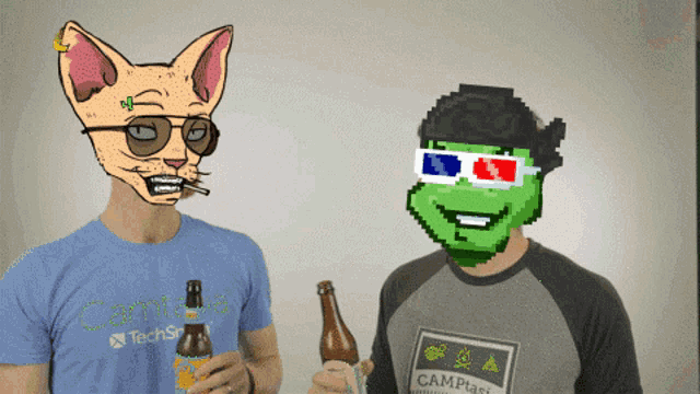 a man wearing a shirt that says campasi holds a beer